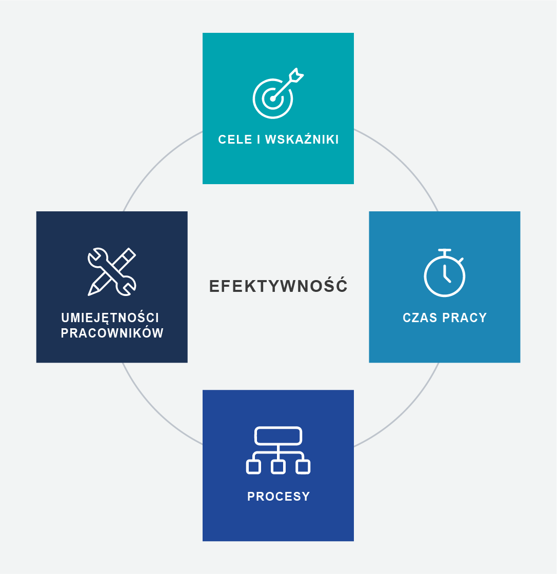 Obszary wpływające na efektywność (cele i wskaźniki, czas pracy, procesy, umiejętności pracowników)